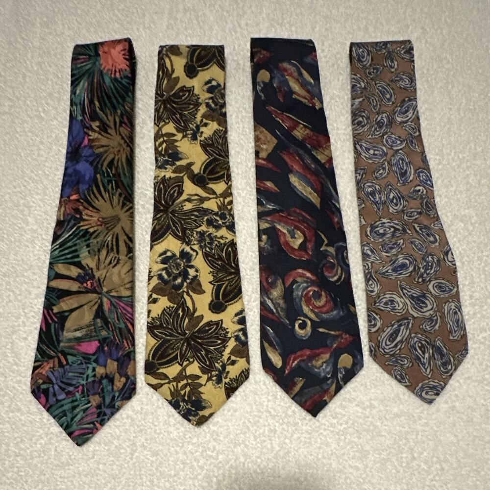 Men's Silk Neck Ties Bundle Floral Flowers Vintage, 100% Silk, Retro